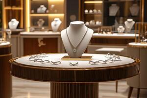 Elegant jewelry display showcasing necklaces and rings in a luxurious store setting. photo