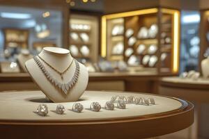 Elegant jewelry display featuring necklaces and rings in a luxurious store setting photo