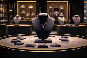 Elegant jewelry display in a luxurious setting showcasing various necklaces and accessories. photo