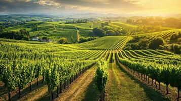 Lush vineyards under a golden sunset, showcasing rows of grapevines in a scenic landscape. photo