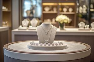 Elegant jewelry display featuring necklaces and bracelets in a sophisticated setting. photo