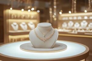 Elegant jewelry display featuring a necklace on a stand in a well-lit showcase photo
