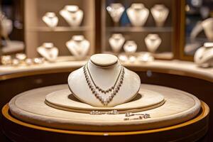 Elegant jewelry display featuring necklaces and earrings in a luxurious setting photo