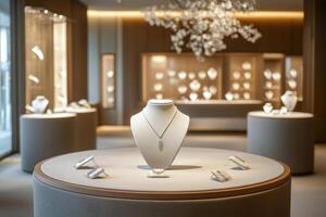 Elegant jewelry display in a modern showroom highlighting exquisite pieces. photo