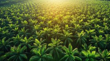 Aerial view of lush palm trees illuminated by sunlight in a vibrant landscape. photo