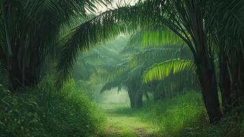 Lush green pathway through a tropical forest, evoking tranquility and natural beauty. photo