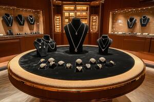 Elegant jewelry display in a luxury store showcasing necklaces and rings photo