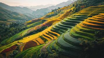 Lush terraced fields showcase vibrant colors of rice cultivation in a mountainous landscape. photo