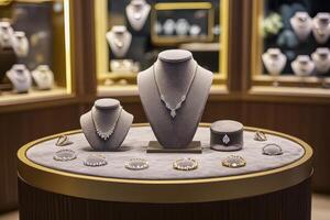 Display of elegant jewelry pieces in a luxurious store setting. photo