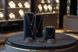 Elegant display of jewelry featuring necklaces and bracelets in a luxurious setting. photo