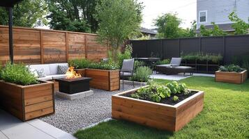 A modern backyard with planters, seating, and a fire pit for relaxation and gardening. photo