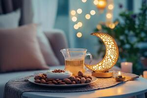 A cozy evening setup with tea, almonds, and a decorative moon lamp. photo