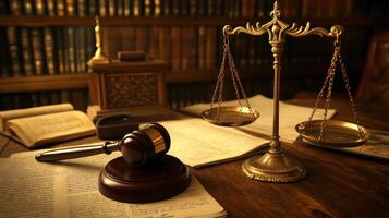 A gavel and scales of justice on a desk surrounded by legal books, symbolizing law and order. photo