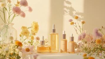 A serene display of skincare oils surrounded by colorful flowers in soft lighting. photo