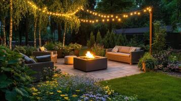 Cozy outdoor patio with string lights and a fire pit, perfect for relaxation and gatherings. photo