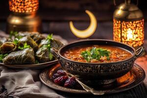 A traditional meal featuring soup and stuffed grape leaves, illuminated by lanterns. photo