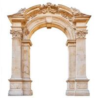 A classical stone archway featuring intricate carvings and columns. photo