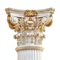 Ornate architectural column with intricate carvings and gold accents photo