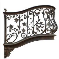 Ornate wrought iron balcony railing featuring floral designs and curves. photo
