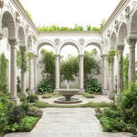 A serene courtyard featuring a central fountain surrounded by lush greenery and ornate columns photo