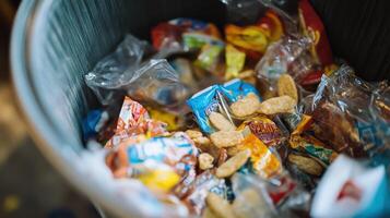 A trash bin filled with colorful snack wrappers and peanuts photo
