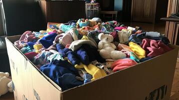 A large box overflowing with assorted clothing and stuffed toys. photo