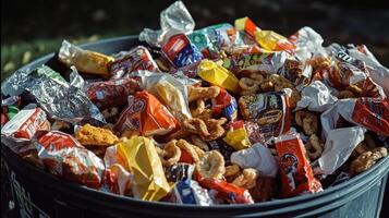 A trash bin overflowing with various food wrappers and packaging photo