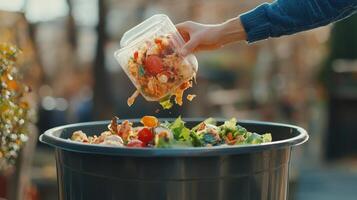 A hand is disposing of food waste into a trash bin, promoting waste management photo