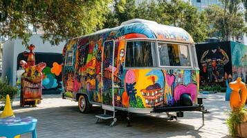 A colorful, artistic trailer surrounded by vibrant sculptures and murals in an outdoor space. photo