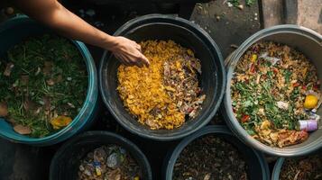 A hand sifts through various types of waste in bins, highlighting waste management issues. photo