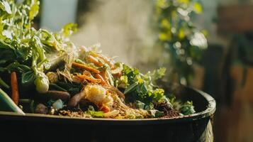A compost heap with fresh vegetable scraps, steaming and rich in nutrients photo