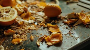 A messy countertop with lemon peels and scraps scattered around, suggesting food preparation. photo