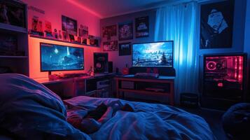 A cozy gaming room with colorful lighting and dual screens for immersive entertainment. photo