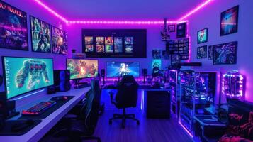 A vibrant gaming setup featuring multiple monitors, LED lights, and gaming accessories. photo