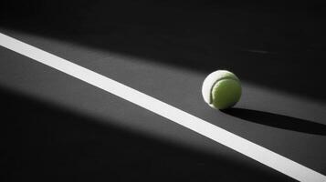 A tennis ball rests near a white line on a dark surface, illuminated by soft light. photo