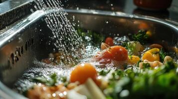 Fresh vegetables and herbs being rinsed in a kitchen sink photo