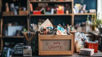 A cozy workspace filled with craft supplies and organized materials for creative projects. photo