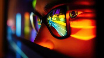 A close-up of a person's eye behind glasses, reflecting vibrant, colorful lights photo
