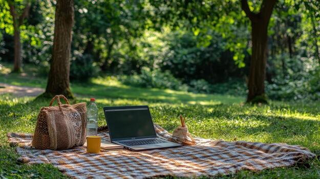 A serene outdoor workspace with a laptop, snacks, and a drink on a picnic blanket under trees. photo