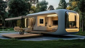 Modern, sleek mobile home with large windows and outdoor seating in a natural setting. photo