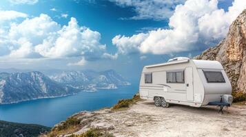 A caravan parked on a scenic cliff overlooking a tranquil lake and mountains. photo