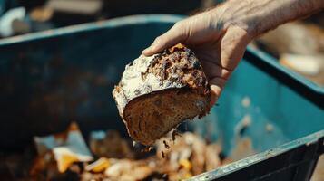 A hand holding a piece of moldy bread above a trash bin, highlighting food waste issues. photo