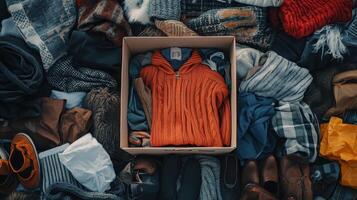 A vibrant orange sweater nestled in a box surrounded by assorted clothing items. photo