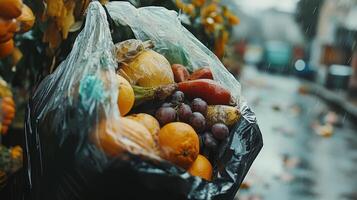 A black bag filled with assorted fruits and vegetables, discarded on a rainy street. photo