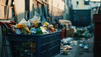 A cluttered alley with a cart full of discarded items amidst scattered waste. photo