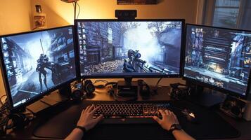A gaming setup with three monitors displaying futuristic scenes and a keyboard in use. photo