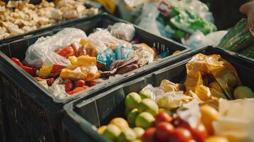 A variety of fresh produce displayed in crates, highlighting food waste and sustainability efforts. photo