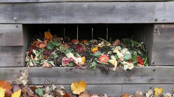 A compost bin filled with organic kitchen scraps and garden waste for composting. photo