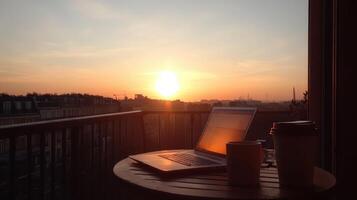 A serene sunset view from a balcony with a laptop and coffee. photo