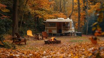 A cozy camper surrounded by autumn foliage and a campfire in a tranquil forest setting. photo